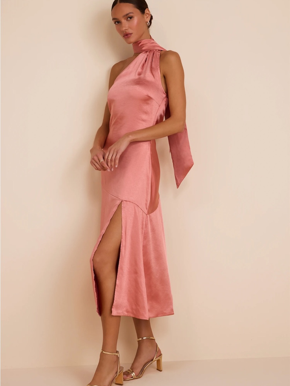 Lulu's One-Shoulder Rose Satin Midi Dress with Neck Tie